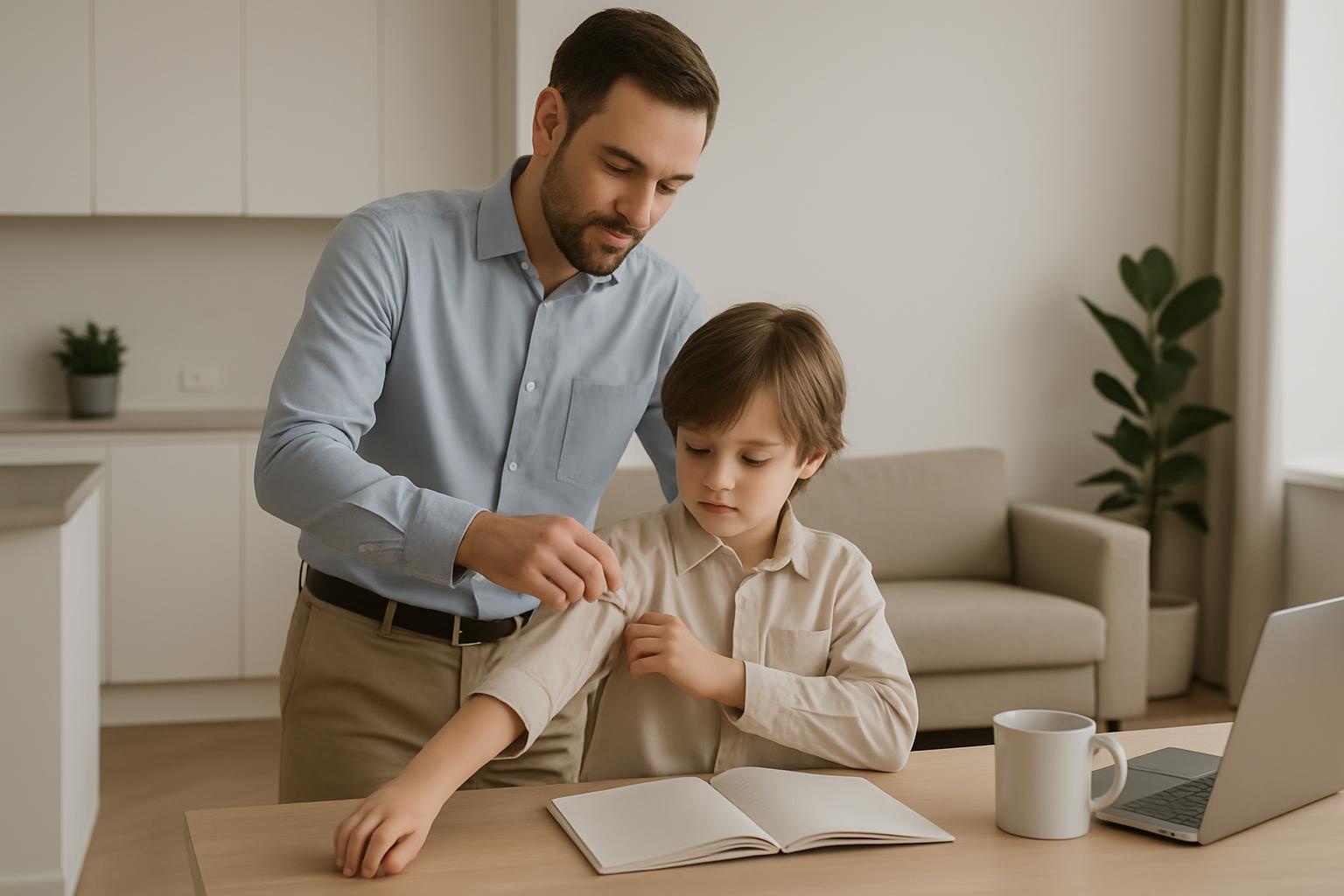 father helping son with homework in a modern home setting.